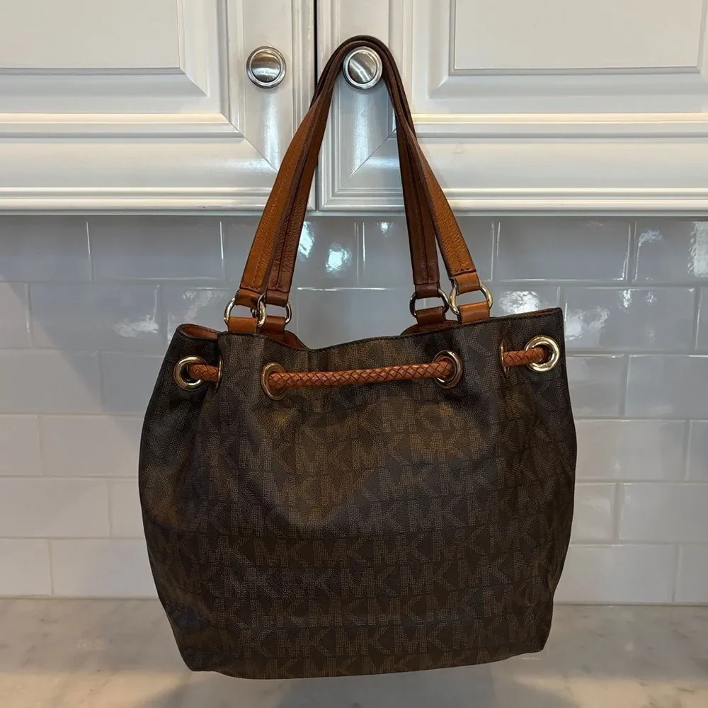 Michael Kors Bag Purse Handbag Leather Marina Signature Drawstring Tote Shoulder